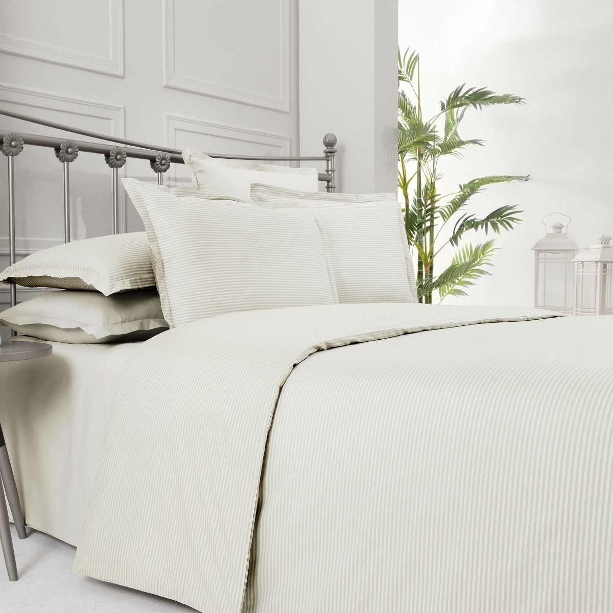 Sarev Fancy Stripe King Size Ekru Nevresim Takımı