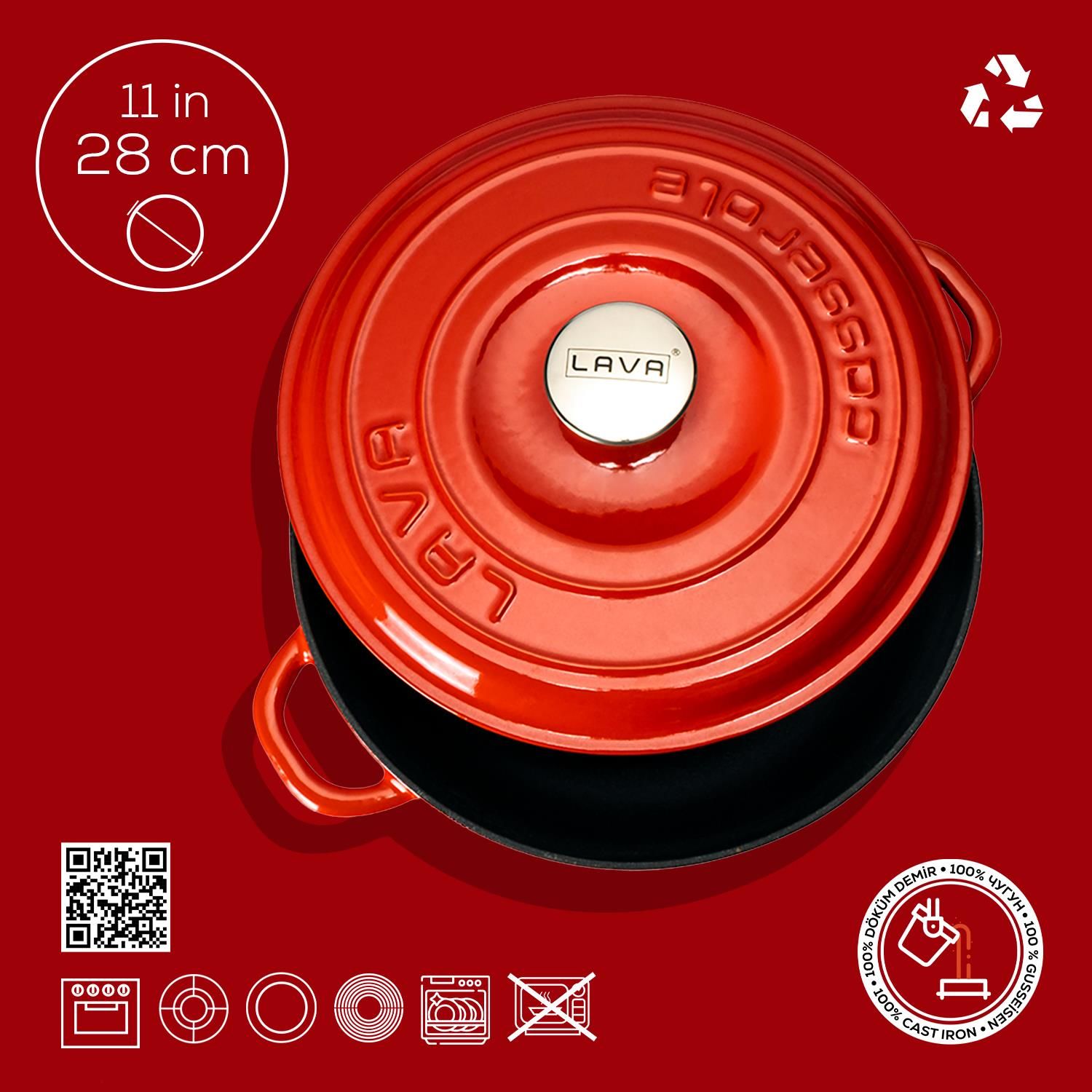 Lava Döküm Yuvarlak Çok Amaçlı Yayvan Tencere New Heritage Serisi Çap(Ø)28cm. Kırmızı