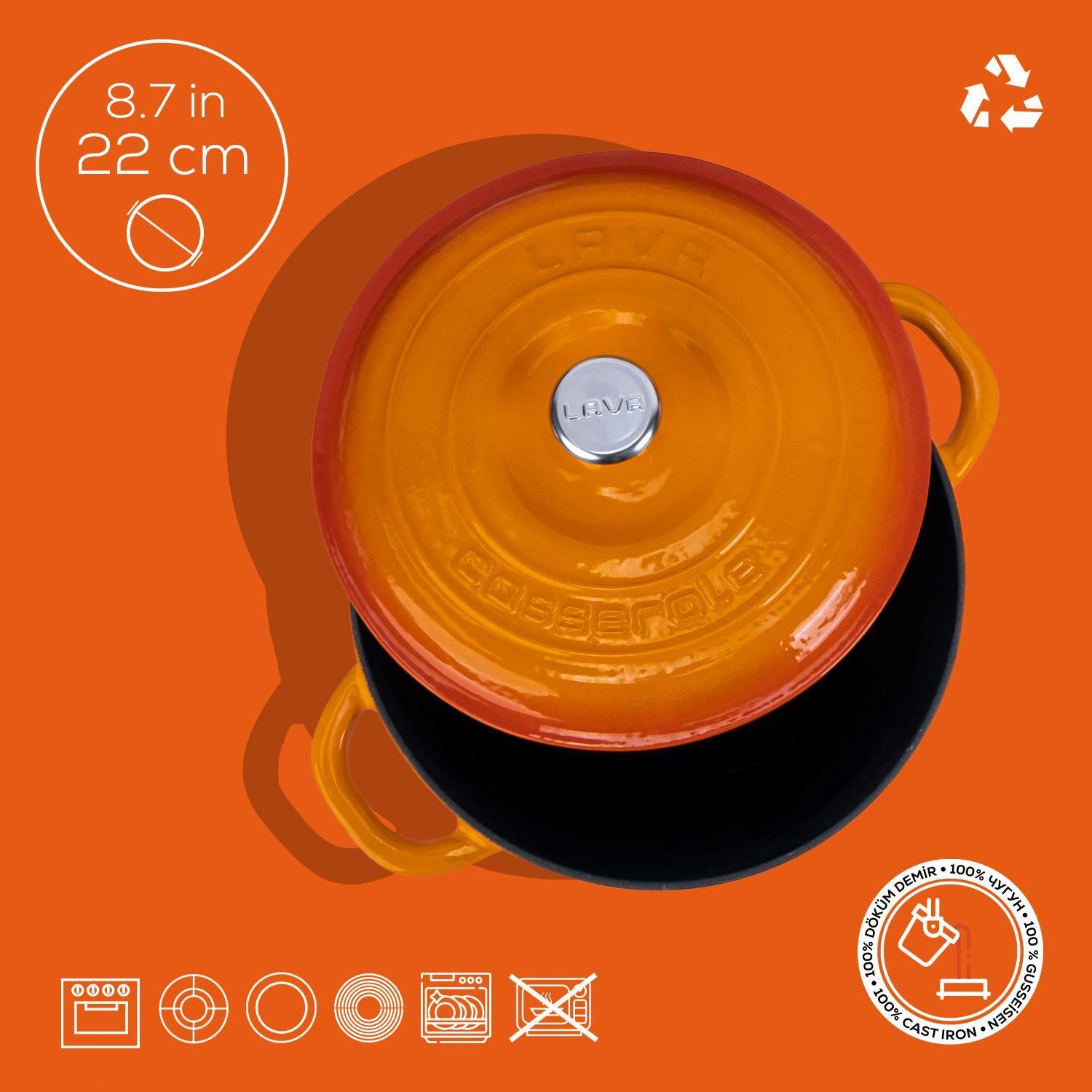 Lava Döküm Yuvarlak Tencere Döküm Demir Kapak New Heritage Serisi Çap(Ø)22cm. - Turuncu